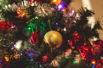 Christmas baubles and lights in the tree