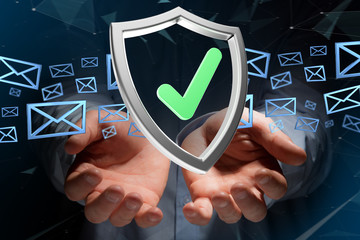 Shield symbol displayed on a futuristic interface - 3d rendering