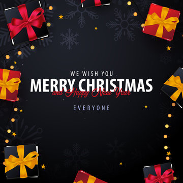 Marry Christmas and Happy New Year banner on dark background with snowflakes and gift boxes. Vector illustration.