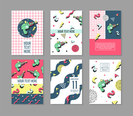 Memphis Posters Set Space Theme. Hipster Abstract Trendy Backgrounds with Geometric Shapes. 80 -90s Fashion Cards, Brochures. Vector illustration