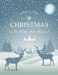 Christmas greeting card with snowflake and deer in the forest