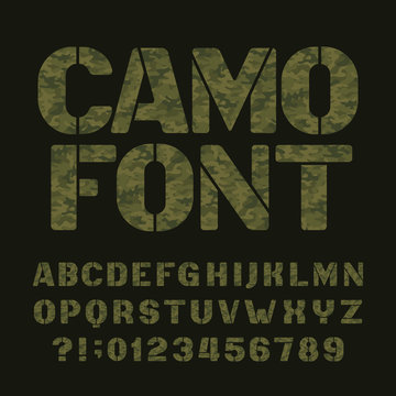 Camo alphabet font. Type letters and numbers on a dark background. Vector typeface for your design.