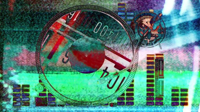 a cutout of a vinyl record player with different backgrounds with intentional overlayed video distortion and glitch effects