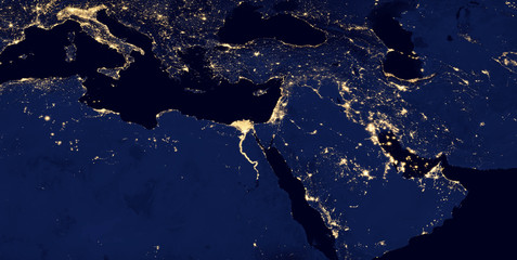 Middle east, west asia, east europe lights during night as it looks like from space. Elements of this image are furnished by NASA.