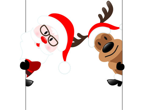 Reindeer & Santa Claus Diagonal Banner on White, Stock Vector Illustration