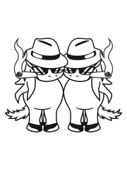 2 paar pärchen gangster böse verbrecher mafia räuber zigarre rauchen hut vorne kleines süßes niedlich pony fohlen junges baby kind comic clipart cartoon pferd