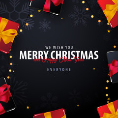 Fototapeta na wymiar Marry Christmas and Happy New Year banner on dark background with snowflakes and gift boxes. Vector illustration.