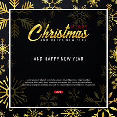 Marry Christmas and Happy New Year banner on dark background with snowflakes and gift boxes. Vector illustration.