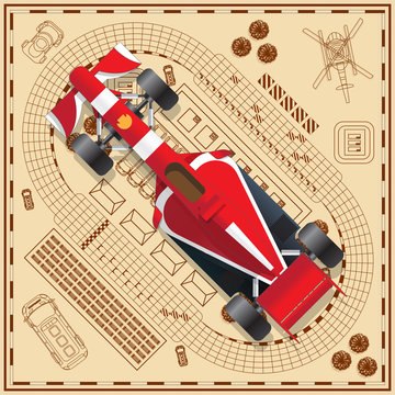 Race car on the background tracks. View from above. Vector illustration.