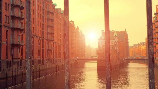 Warehouse district of Hamburg, sun shines through the railing Germany
