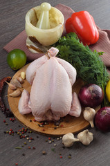 Fresh raw chicken composition on wooden background