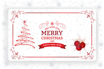 Christmas And New Year Greeting Card.Christmas background with decoration and paper. Decorative Christmas background with globes stars and a Christmas tree  - 183075366