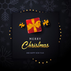 Marry Christmas and Happy New Year banner on dark background with snowflakes and gift boxes. Vector illustration.