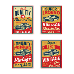 Set of Colored Old Retro Style Vintage Classic Car Vector Logo, Badge, Emblem, Icon, Sticker. Car Wash, Workshop Repair, Service, Community, Club, Car Show, Exhibition, Festival Element