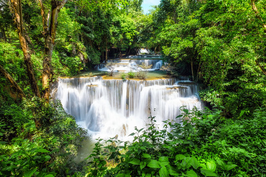 Beautiful Huay Mae Khamin waterfall in tropical rainforest at Srinakarin national park © Mumemories