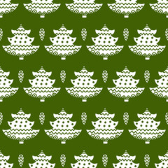Christmas background with ornamental trees. Holiday monochrome seamless pattern. 