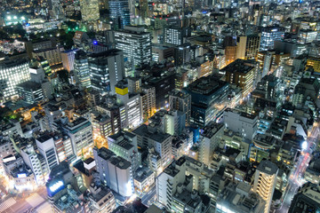 Aerial view of downtown crowded with glowing light at tokyo