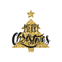 Merry Christmas. Hand drawn calligraphy text. Holiday typography design with glitter christmas tree. Black and gold christmas greeting card. Vector illustration