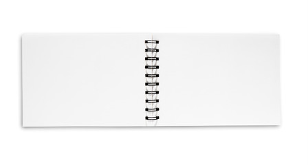 Top view of a open spiral notebook on white background