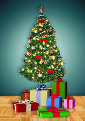 3d mock up vintage frame with decorative christmas tree and gift packages