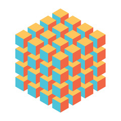 Geometric cube of smaller isometric cubes. Abstract design element. Science or construction concept. 3D vector object.
