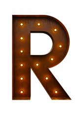 Rusty metal letter R with led light bulbs isolated on white background.