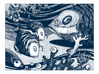 Monochrome creative illustration with a graphic of fish on the bottom of the sea. Abstract, fictional, fantasy characters, vector engraving, isolated on background.