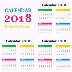 Year 2018 Calendar Simple Clean Template. Flat Metro Colorful Design for Room Office, Kids Children School wall or desk.