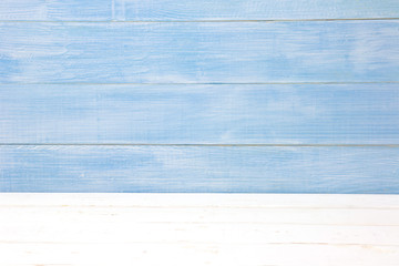 White table and blue wall wooden plank texture background