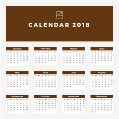 Year 2018 Calendar Simple Clean Template. Elegant Design for Room Office, Casual Place wall or desk.