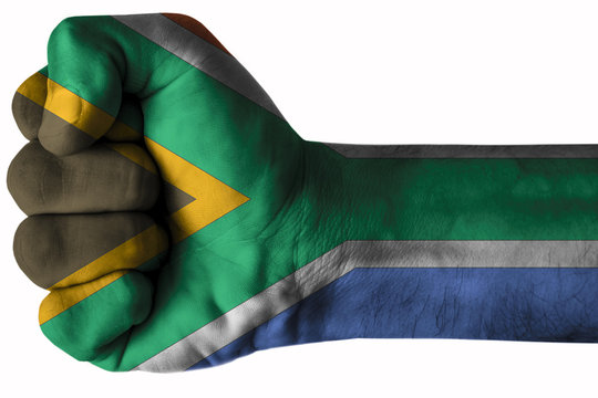 Fist painted in colors of South africa flag, fist flag, country of South africa