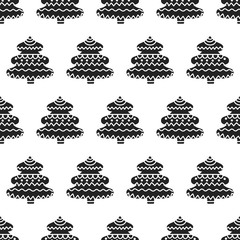 Christmas background with ornamental trees. Holiday monochrome seamless pattern.