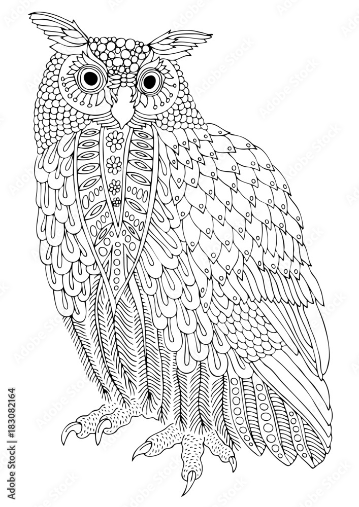 Wall mural eurasian eagle-owl. hand drawn owl. sketch for anti-stress adult coloring book in zen-tangle style. 