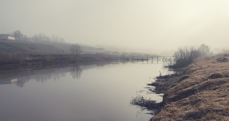 Springtime.Grey foggy morning.Trees growing on the bank of river.Misty weather.