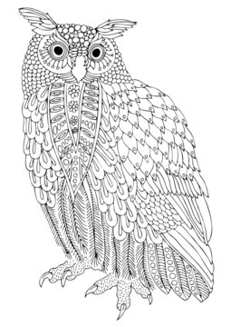 Eurasian eagle-owl. Hand drawn owl. Sketch for anti-stress adult coloring book in zen-tangle style. Vector illustration for coloring page.