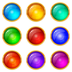 Set of Colorful Glass Round Buttons with Golden Frames, Computer Icons for Web Design, Isolated on White Background. Vector