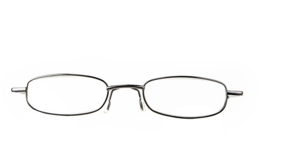 Eye glasses metal frame in the hand on white background