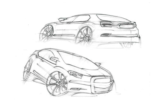 Dinamics sketch of car its grey ilustration in perspective. Car is suitable for bigger familie. Vehicle is designed with lights lines and throught dinamic enters to the space.