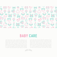 Baby care concept with thin line icons: newborn, diaper, pacifier, crib, footprints, bathtub with bubbles. Vector illustration for banner, web page, print media.