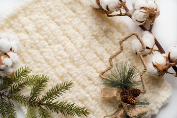 Christmas decorations, knitted scarfs and cotton