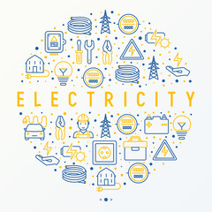 Electricity concept in circle with thin line icons: electrician, bulb, pylon, toolbox, cable, electric car, hand, solar battery. Vector illustration for banner, web page, print media.