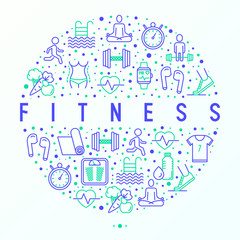 Fitness concept in circle with thin line icons of running, dumbbell, waist, healthy food, swimming pool, pulse, wireless earphones, sportswear, yoga. Modern vector illustration.
