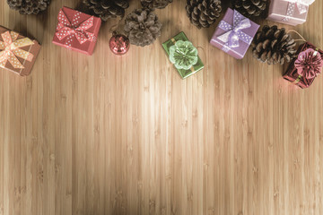  Christmas background with decoration on dark wooden board