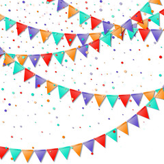 Obraz premium Bunting flags. Imaginative celebration card. Bright colorful holiday decorations and confetti. Bunting flags vector illustration.
