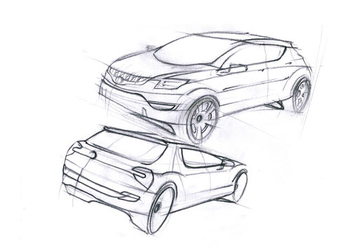 This is realistic painting sketch of sepia colour car. The car is concept sketch with dynamics lines.