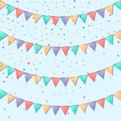 Fototapeta premium Bunting flags. Mesmeric celebration card. Colorful holiday decorations and confetti. Bunting flags vector illustration.