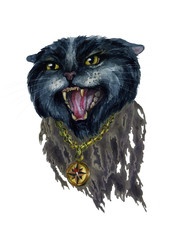 Watercolour Screaming Mad Black Pirate Cat wearing Ragged Neck Handkerchief and Golden Antique Compass isolated on white background