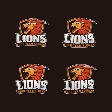 Lion Head Sport Team Logo. Roared ESport Team Mascot Logotype, Icon, Emblem, Badge, Identity Defense Shield Frame.