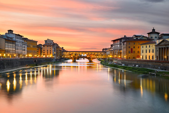 Cityscape at Ponte Vecchio over Arno River at Sunset, Florence, Tuscany, Italy