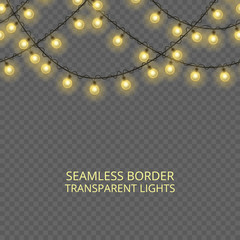 Transparent lights garland, seamless border. Festive decoration, shiny Christmas ornament, isolated on transparent background. Template for card, poster, broshure or flyer, header or banner.